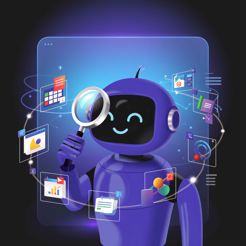 Robot IA analizando herramientas de productividad